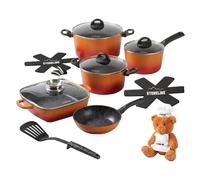 STONELINE Batterie de cuisine 15 pièces 18/20/24 cm avec couvercles pour plaques à induction anti-adhésives avec véritables particules de pierre, tous types de feux, couleur : orange