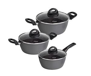 STONELINE Ceramic Batterie de Cuisine en Céramique 6 pcs 18/20/24 Sans PFAS, Set de Casseroles avec Couvercles, Tous feux dont Induction, Revêtement Antiadhésif avec vraies particules de pierre, Gris
