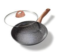 STONELINE CERAMIC Grande poêle en céramique avec couvercle, 28 cm, compatible induction, antiadhésive avec particules de pierre, sans PFAS, tous feux dont four, poignée effet bois