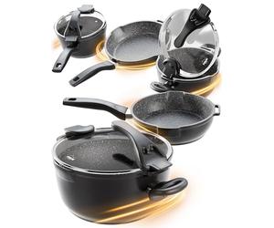 STONELINE Future Batterie de Cuisine 8 pcs - Set de Casseroles, Poêles avec Becs Verseurs et Couvercles Passoires, Revêtement Antiadhésif en Pierre, Compatible Induction