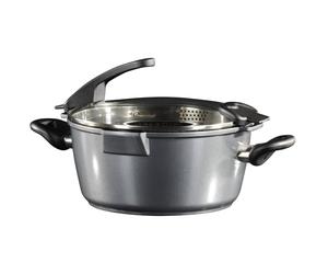 STONELINE Future Marmite de Cuisine 24 cm, Marmite à Rôtir, Avec Couvercle en Verre Passoire et 2 Becs Verseurs, adapté à l'Induction, Revêtement Antiadhésif avec de vraies particules de pierre