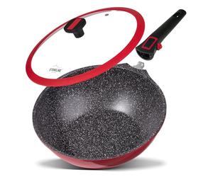 STONELINE Imagination PLUS Poêle Wok 30 cm, avec Poignée Amovible et Couvercle en Verre, Revêtement Antiadhésif avec de vraies particules de pierre, Rouge