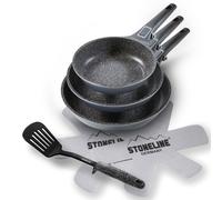 STONELINE Imagination Plus Set de 3 Poêles à Frire 20/24/28 cm, avec Poignées Amovibles, Protecteurs et une Spatule, Lot de 6 pcs, Revêtement Antiadhésif avec de vraies particules de pierre