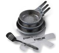 STONELINE Imagination Plus Set de 3 Poêles à Frire 20/24/28 cm, avec Poignées Amovibles, Protecteurs et une Spatule, Lot de 6 pcs, Revêtement Antiadhésif avec de vraies particules de pierre