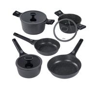 STONELINE SMART Set de poêles et faitouts 8 pièces, Batterie de Cuisine en fonte d'aluminium avec couvercle, Poignée amovible, Casserole Poêle Induction, Tous feux, Antiadhésif avec vraies particules