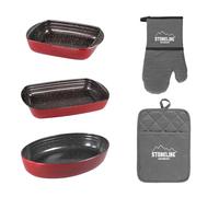 STONELINE Lot de 5 plats à gratin en verre borosilicate antiadhésif avec véritables particules de pierre carrées et ovales, gants de four en coton, lavables, antidérapants, gris