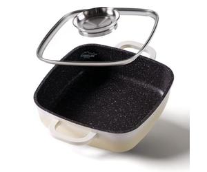 STONELINE Poêle à Servir carrée 20x20 cm, avec Couvercle Aromatique, Compatible à l'induction et au Four, Revêtement Antiadhésif avec de vraies particules de pierre, Crème