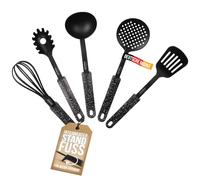 STONELINE Set de 5 ustensiles de cuisine en nylon avec support pratique, résistants à la chaleur pour poêles et casseroles antiadhésives, accessoires de cuisine hygiéniques avec support intégré, noir