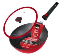 STONELINE SMART Poêle Wok de 30 cm, 4,8 L Poêle à Servir Grande poêle induction avec couvercle en fonte d'aluminium, poignée amovible, Tous feux, antiadhésif avec vraies particules de pierre, Rouge