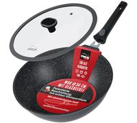 STONELINE SMART Poêle Wok de 30 cm, 4,8 L Poêle à Servir Grande poêle induction avec couvercle en fonte d'aluminium, poignée amovible, Tous feux, antiadhésif avec vraies particules de pierre, Gris