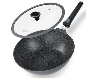 STONELINE SMART Poêle Wok de 30 cm, 4,8 L Poêle à Servir Grande poêle induction avec couvercle en fonte d'aluminium, poignée amovible, Tous feux, antiadhésif avec vraies particules de pierre, Gris