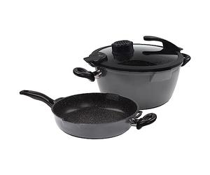 STONELINE Smell Well Future Casserôle Poêle et Couvercle 24 cm, avec Filtre Odeurs et Arômes, Set de 4 pcs, incl. 1 Kit de recharge, Revêtement Antiadhésif avec de vraies particules de pierre