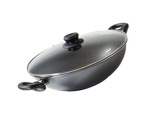 STONELINE Wok 28cm, avec couvercle, fonte d'aluminium, poêle wok revêtue de vraies particules de pierre, gris, cuire et rôtir sans graisse ou huile, grand wok induction