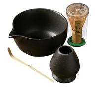 Stoneware Set de thé matcha - Style japonais 4 pièces avec bol verseur, whisk, cuillère et support | Fabrication traditionnelle pour les amoureux, cérémonie d'essuyage lisse, accessoires