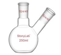 stonylab Fiole à Fond Plat FBF, Paroi Épaisse 2-Cou Fiole de Laboratoire Fiole d’Ébullition à Fond Plat en Verre Borosilicaté avec Articulation Standard de 24/40, 250 ml