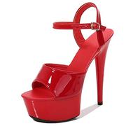 Stool 15 Cm Femmes Peep Bout Ouvert Plate-Forme Ciel Haut Talon Aiguille Bride À La Cheville Boucle Sandales De Fête Sandales Sexy Pôle Fitness Danseur Talon Plate-Forme Sandale,Rouge,39