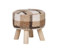 STOOL - Tabouret Bas Tissu Bouclé Imprimé Ecossais Pieds en Pin Naturel -