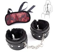 stoqucel Lot de 2 bracelets en cuir pelucheux, menottes et lunettes de sommeil brodées