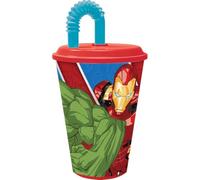 STOR Gobelet pour enfant Marvel Avengers Iron Man Hulk 430 ml en plastique rouge et bleu avec paille et couvercle flexible
