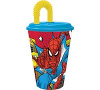 STOR Gobelet pour enfant Marvel Spiderman Spider-Man en plastique bleu et jaune 430 ml avec paille et couvercle flexible
