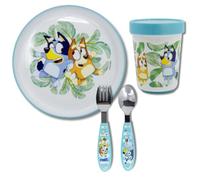 Stor, Set de Table Enfant, Couverts pour Enfants, Assiette et Gobelet Réutilisables, Base en Silicone Antidérapante, (Assiette, Gobelet, Fourchette et Cuillère en Acier Inoxydable) (Bluey)