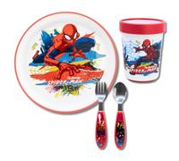 Stor, Set de Table Enfant, Couverts pour Enfants, Assiette et Gobelet Réutilisables, Base en Silicone Antidérapante, (Assiette, Gobelet, Fourchette et Cuillère en Acier Inoxydable) (Spiderman)