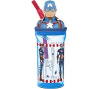 Tataway in viaggio si cresce Marvel Avengers Captain America 360 ml Verre bleu pour enfant en plastique avec paille et figure 3D du personnage