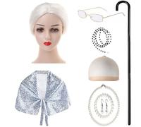 Storage Bag Costume de vieille femme 9 pièces pour enfants avec châle, lunettes, collier, boucles d'oreilles, malade de la marche, fête d'anniversaire
