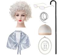 Storage Bag Costume de vieille femme 9 pièces pour enfants avec châle, lunettes, collier, boucles d'oreilles, malade de la marche, fête d'anniversaire