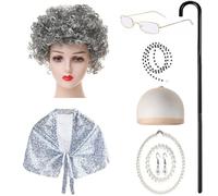 Storage Bag Costume de vieille femme 9 pièces pour enfants avec châle, lunettes, collier, boucles d'oreilles, malade de la marche, fête d'anniversaire