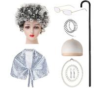Storage Bag Costume de vieille femme 9 pièces pour enfants avec châle, lunettes, collier, boucles d'oreilles, malade de la marche, fête d'anniversaire