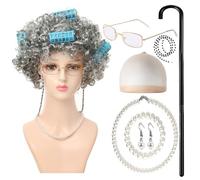 Storage Bag Costume d'Halloween pour grand-mère pour filles, tenue de vieille femme, perruque grand-mère, collier, lunettes de grand-mère, accessoires de déguisement pour filles, perruque, lunettes