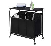 STORAGE MANIAC Trieur à linge à 3 sections avec planche à repasser pliable, chariot à linge roulant robuste avec sacs amovibles, panier à linge triple avec roulettes, noir mat