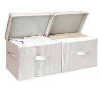 StorageWorks Boîtes de rangement avec couvercles, boîtes larges pour étagères, paniers décoratifs en tissu avec poignées pour rangement de vêtements, Rayures kaki et beige, lot de 2