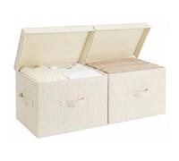 StorageWorks Lot de 2 bacs de rangement en tissu avec couvercle, boîtes de rangement décoratives pour étagères, paniers de rangement empilables avec poignées, grand, beige