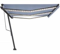 Store Banne Automatique Extérieur avec LED,Capteur de Vent et Télécommande,Aluminium Thermolaqué Résistant,Toile Polyester Imperméable,Store Terrasse Exterieur et Balcon,Bleu et Blanc,600 x 300 cm