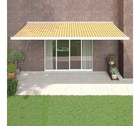 Store Banne Rétractable Extérieur, Toile Polyester Traitée PU et Structure Aluminium, Store de Terrasse et Balcon, Protection UV, Motorisé avec Télécommande, Jaune et Blanc, 5x3 m