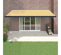 Store Banne Rétractable Extérieur,Toile Polyester Traitée PU Résistante aux UV,Structure Aluminium Thermolaqué Noir,Store de Terrasse Motorisé avec Télécommande,Jaune et Blanc,5 x 3 m