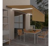 Store Banne Rétractable Manuel, Store Enrouleur Extérieur avec LED Solaire, Toile Polyester Résistante aux UV, Structure Aluminium Anthracite, Auvent de Terrasse et Balcon, Jaune et Blanc, 5 x 3 m