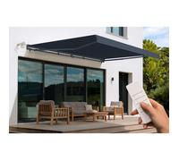 Store banne motorisé Semi-Coffre 495x300 cm Gris Anthracite - Cazeboo FAZZIO Toile 320g/m² UV50+ - Moteur électrique télécommande et capteur Vent - Inclinaison 30 à 100° - Protection terrasse 15 m²