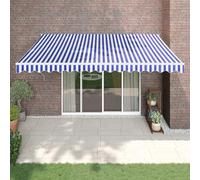 Store enrouleur automatique 4 x 3 m avec télécommande et manivelle, cadre en aluminium bleu et blanc, tissu PU résistant aux UV, montage mural pour terrasse, balcon, jardin.