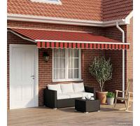 Store manuel moderne semi-cassette LED 5 x 3 m avec cadre en aluminium et matériau polyester pour une ombre réglable et un éclairage LED d'ambiance pour terrasse et jardin.