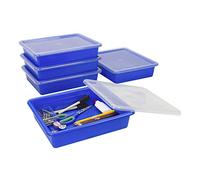 Storex Letter Size Flat Storage Tray - Organizer Bin with Non-Snap Lid for Classroom, Office and Home, Blue, 5-Pack (62536U05C)