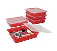 Storex Lot de 5 plateaux de rangement plats format lettre - Bac de rangement avec couvercle anti-claquement pour salle de ureau et maison, rouge, lot de 5 (62537U05C)