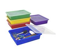 Storex Lot de 5 plateaux de rangement plats format lettre - Bac de rangement avec couvercle anti-claquement pour salle de ureau et maison, couleurs assorties, lot de 5 (62534U05C)