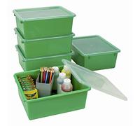 Storex Lot de 5 plateaux de rangement profonds format lettre - Bac de rangement avec couvercle anti-claquement pour salle de ureau et maison, vert, 25,4 x 33 x 12,7 cm