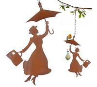 Storm's Gartenzaubereien Mangeoire pour oiseaux - Porte-boules de graisse avec toit à suspendre - Femme avec parapluie patiné - 36 cm