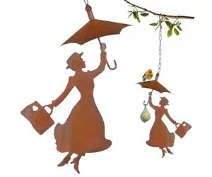 Storm's Gartenzaubereien Mangeoire pour oiseaux - Porte-boules de graisse avec toit à suspendre - Femme avec parapluie patiné - 36 cm