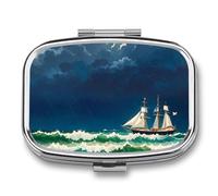 Stormy Waves Pilulier vintage en forme de voilier avec miroir, pilulier de voyage en métal à 2 compartiments pour médicaments quotidiens, design compact et artistique pour sac à main, poche ou
