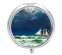 Stormy Waves Pilulier vintage en forme de voilier portable avec 3 compartiments et petit miroir de voyage pour poche ou sac à main, organiseur de médicaments rond décoratif pour vitamines
